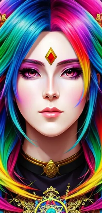 Colorful fantasy character with rainbow hair in vibrant mobile wallpaper.