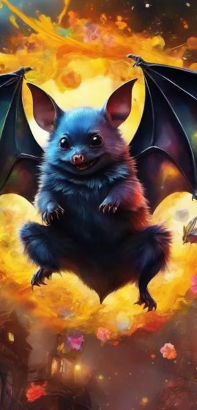 Vibrant fantasy bat against fiery orange background.