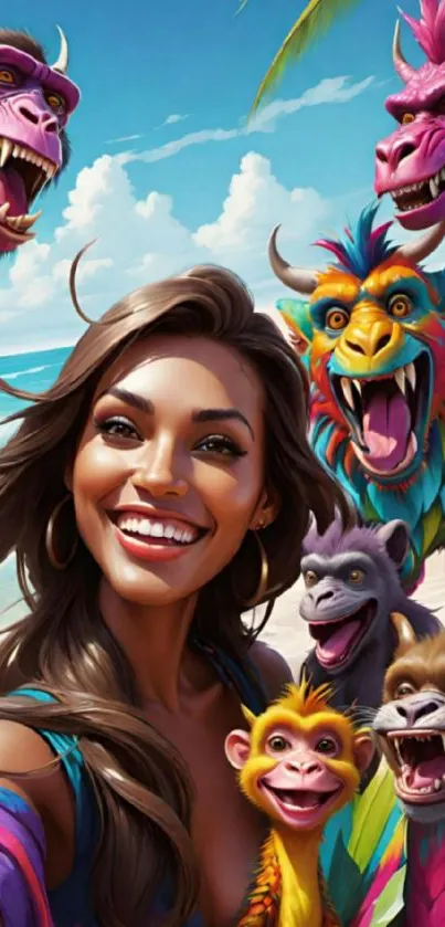 Animated scene of woman with colorful creatures on a beach.
