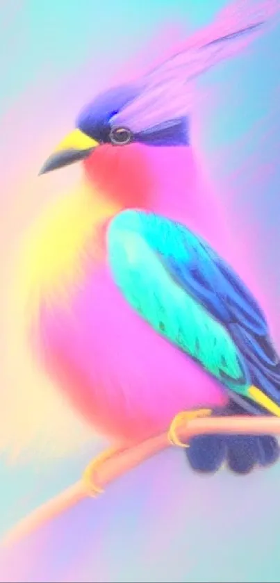 Fantasy bird in vibrant pastel colors perched on a branch.