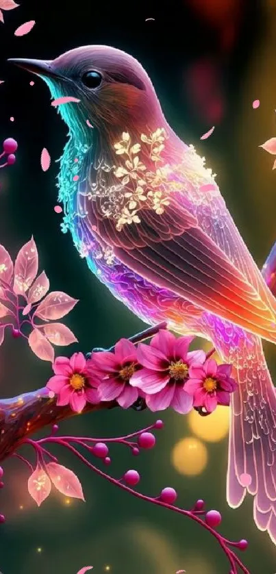 Fantasy bird sitting amidst colorful floral branches with a glowing background.