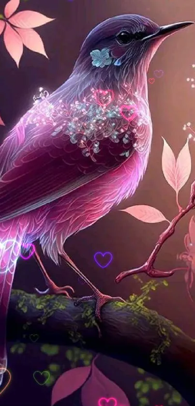 Fantasy bird with pink feathers on a decorative branch.