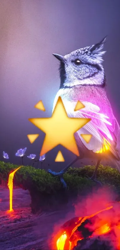 Fantasy bird on a glowing landscape wallpaper.