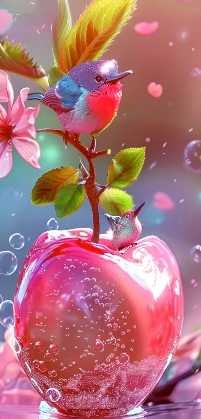 Colorful birds on a glossy apple with cherry blossoms in vibrant fantasy style.