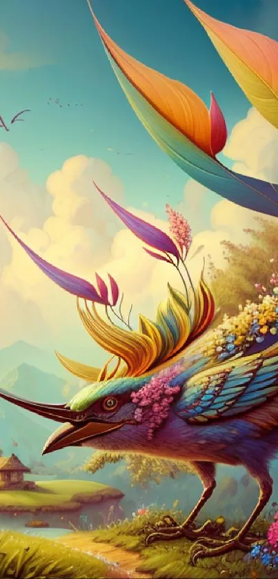 Whimsical fantasy bird with vibrant feathers in a colorful landscape art.