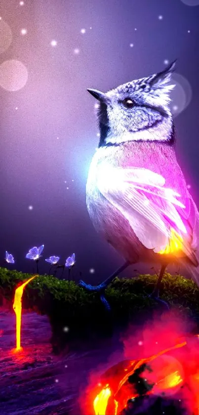 Fantasy bird with neon glow on a vibrant landscape.