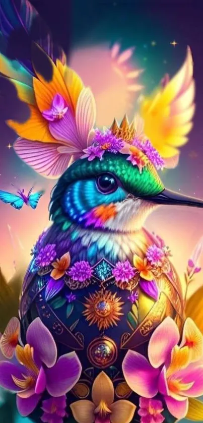 Vibrant fantasy bird with colorful wings and floral motifs mobile wallpaper.