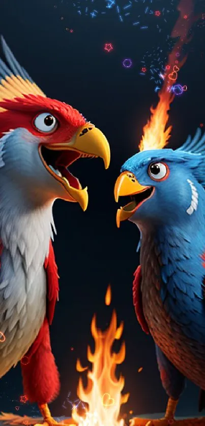 Fantasy birds in colorful digital art by a campfire.