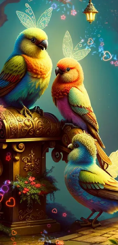 Vibrant wallpaper of fantasy birds perched on decorative structures.