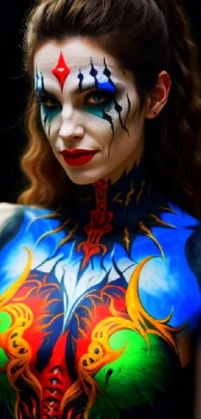 Colorful fantasy body art on a model with creative face paint.