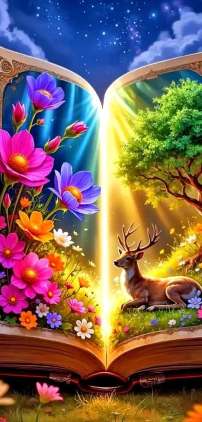 Magical book with vibrant flowers and deer in a fantasy scene.