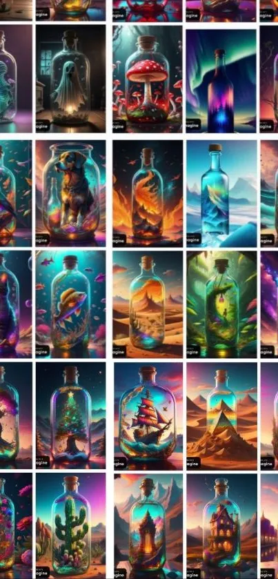 Colorful fantasy worlds in bottles on mobile wallpaper.