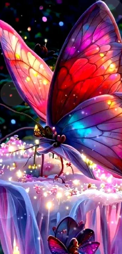 Colorful fantasy butterfly artwork on a glowing background.