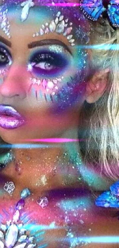 Fantasy butterfly makeup in neon blue and purple tones.