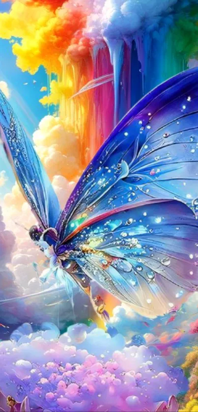 Vibrant fantasy butterfly in a colorful dreamscape with clouds and rainbow hues.