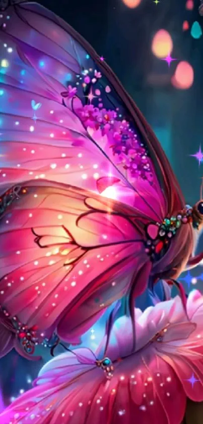 Vibrant pink and purple butterfly on flower.