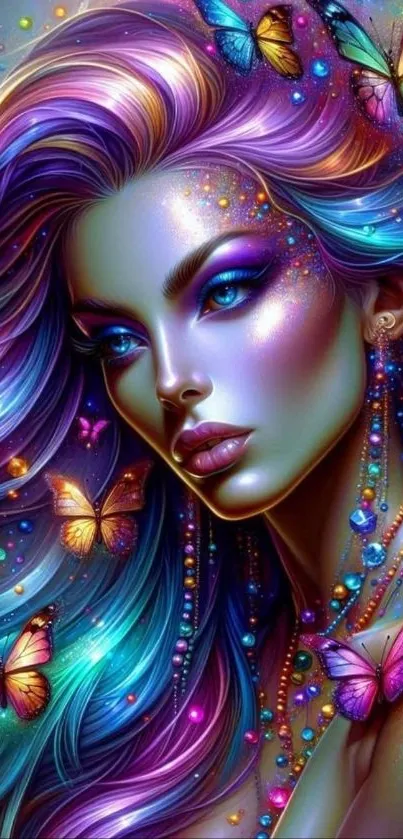 Vibrant fantasy art with a colorful woman and butterflies.
