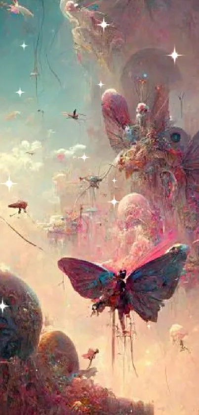 Fantasy landscape with butterflies in vibrant colors.