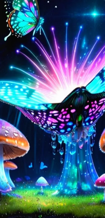 Vibrant fantasy scene with colorful butterfly and luminous mushrooms.