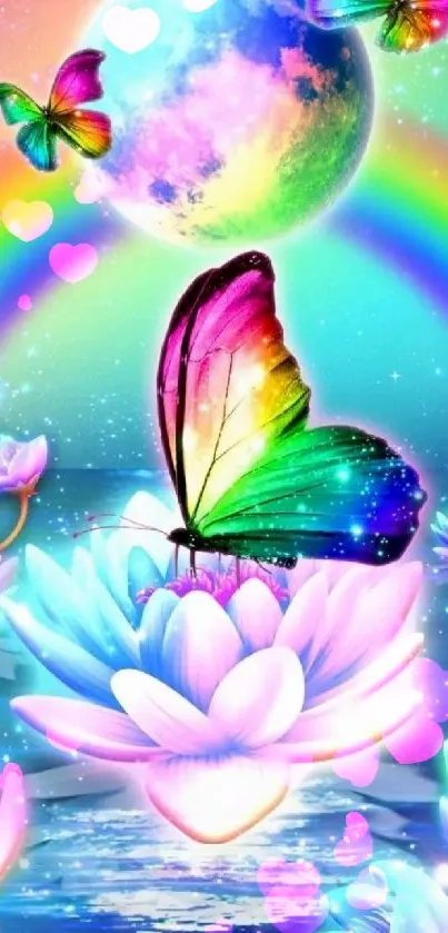 Colorful butterfly on lotus with rainbow and moon.