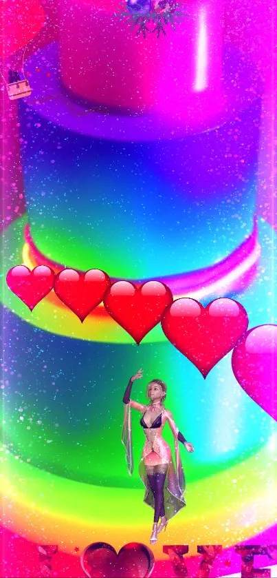 Vibrant fantasy cake wallpaper with colorful hearts and pink hues.