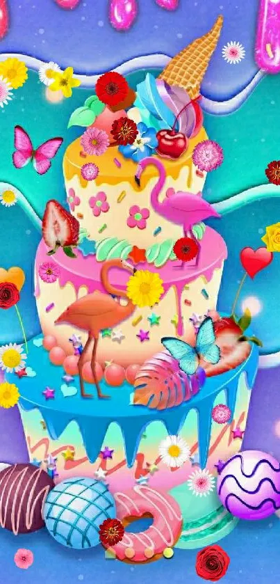 Whimsical, colorful cake mobile phone wallpaper with butterflies and flamingos.