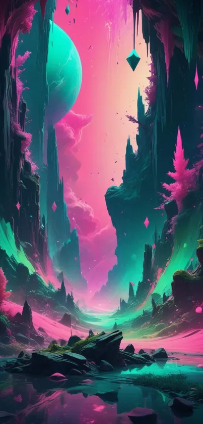 Vibrant fantasy canyon with pink and teal hues, featuring floating crystals and a mystical planet.