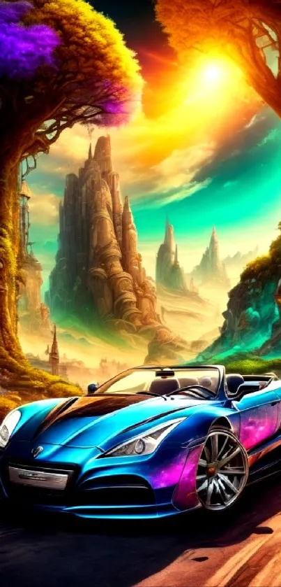 Futuristic car in vibrant fantasy landscape with bright colors and mystical scenery.