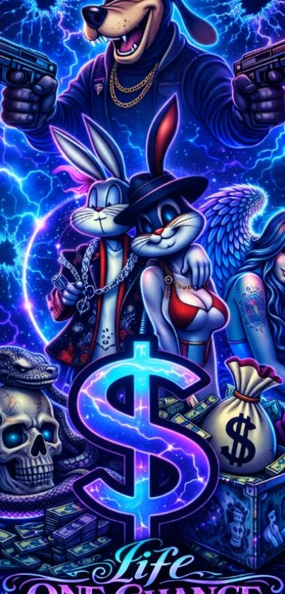 Fantasy cartoon art with iconic characters and vibrant colors.