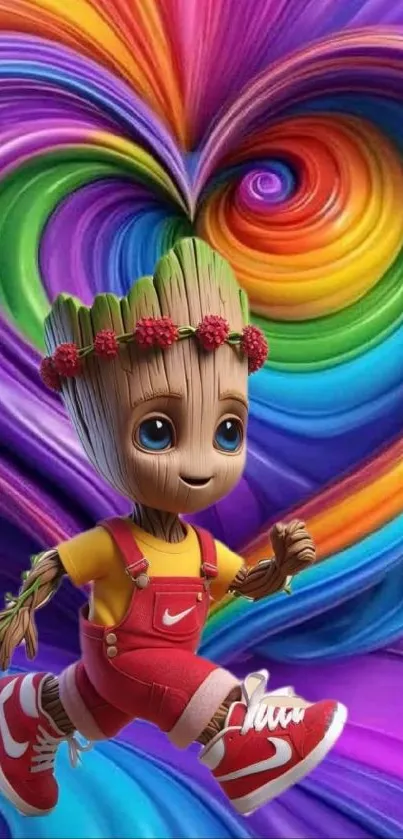 Joyful cartoon character with vibrant rainbow background.