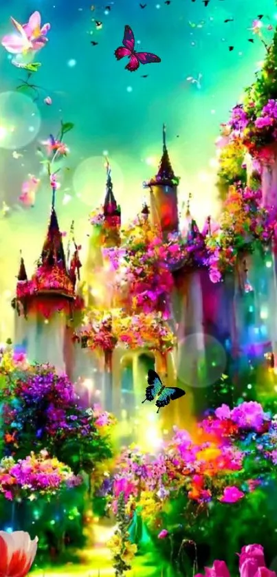Colorful fantasy castle with flowers and glowing lights.