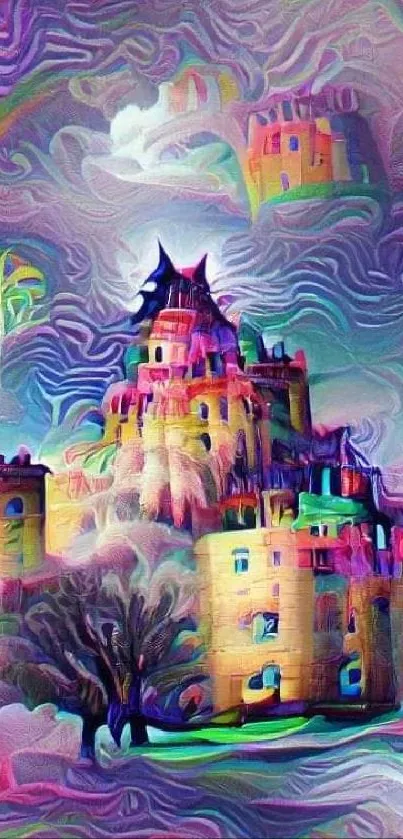 Colorful fantasy castle in dreamy landscape.