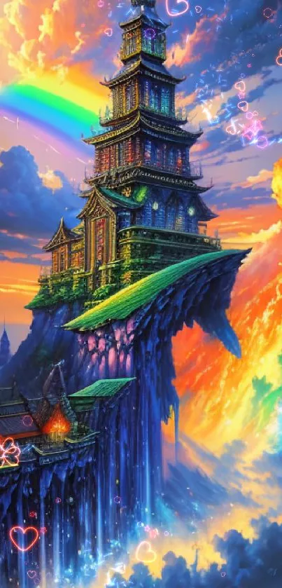 Vibrant fantasy castle with rainbow sky.