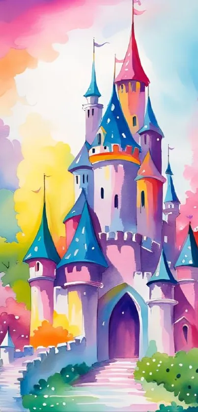 Colorful fantasy castle in watercolor style with vibrant hues.