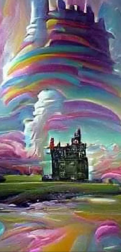 Dreamy castle with swirling colorful skies in a fantasy art style.