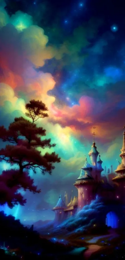 Vibrant fantasy castle with colorful clouds.