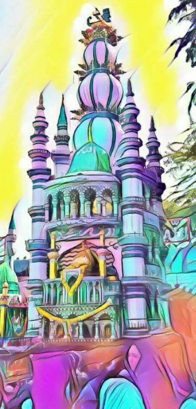 Fantasy castle illustration with vibrant colors.