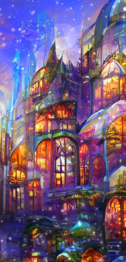 Vibrant fantasy castle with glowing windows in a colorful, magical sky.