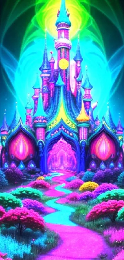 Vibrant neon fantasy castle surrounded by colorful landscape.