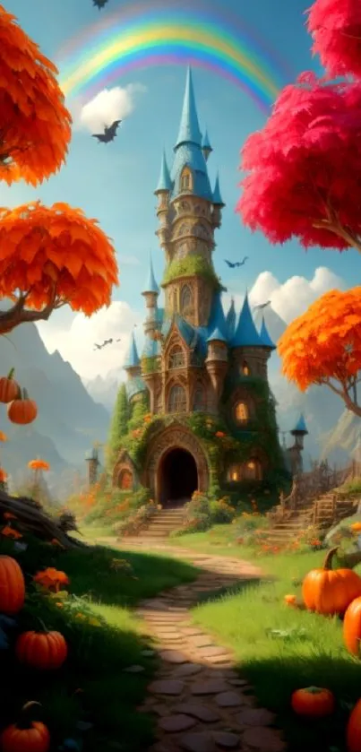 Fantasy castle with rainbow and autumn trees in vibrant colors.