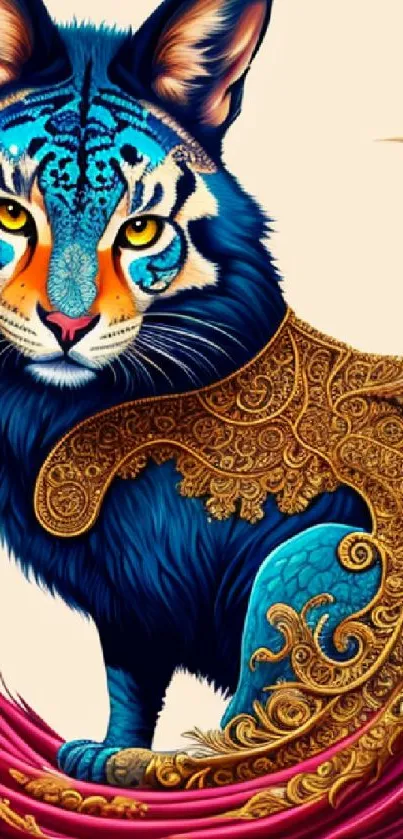 Vibrant blue fantasy cat with ornate gold designs as mobile wallpaper.