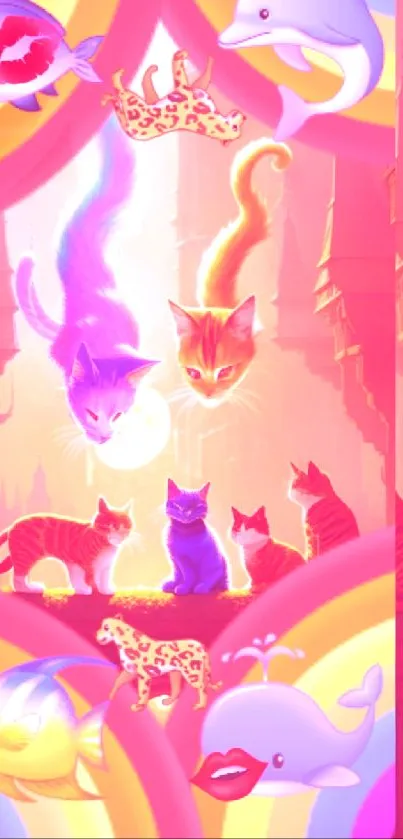 Fantasy cats with colorful rainbows and magical scenery.