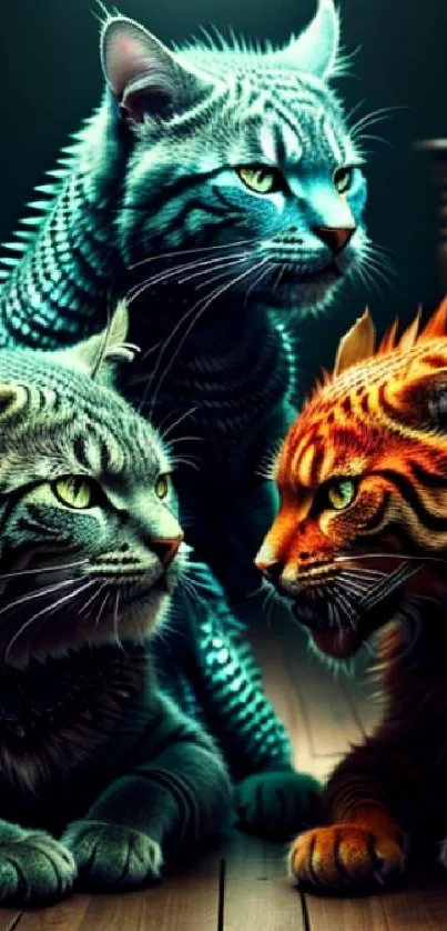 Intricately detailed fantasy cats artwork on a vibrant digital wallpaper.