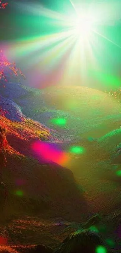 Vibrant fantasy cave with mystical glowing colors and ethereal light.