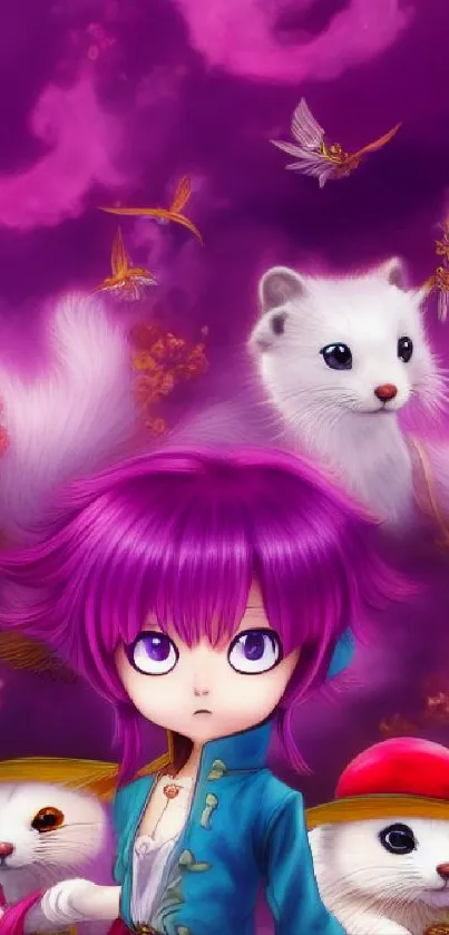 Fantasy character with purple hair, surrounded by mystical animals and vibrant clouds.