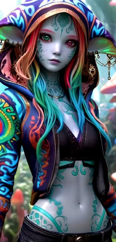 Colorful fantasy character with vibrant patterns and intricate design.