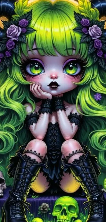 Fantasy character with green hair and mystical elements in digital art.