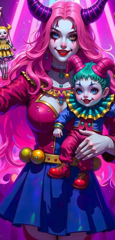 Fantasy character with vibrant colors, pink hair, and playful theme.