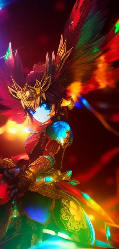 Vibrant fantasy character with colorful feathers and intricate design on a mobile wallpaper.