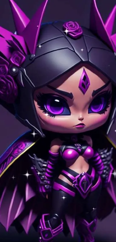 Vibrant purple fantasy character with bold design and helmet.
